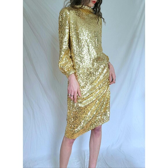 Vintage 50s 60s Gold Sequin Cocktail Dress: Mod Long Sleeve Shift, Women's M/L - Picture 5 of 13